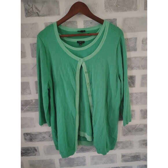 Talbots Charming Cardigan Set Sz 1X Green Classic Layered Casual Workwear Preppy - Picture 2 of 7